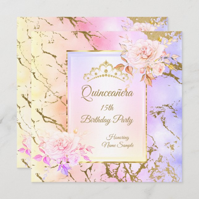Quinceanera Ro Lila Rosa Guld Födelsedagsfest Inbjudningar (Fram/baksida)