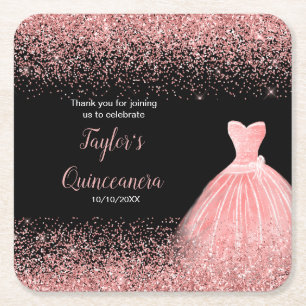 Quinceanera Ro Rosa Faux Glitter Födelsedagsfest Underlägg Papper Kvadrat
