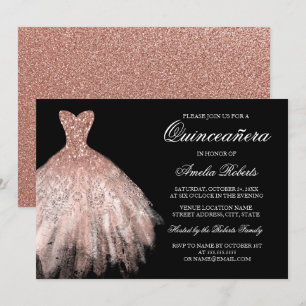Quinceanera, ro, Svarta Glitter Inbjudningar