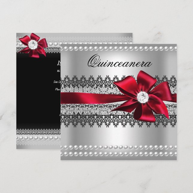 Quinceanera Röd Båge Svart Pärl Spets Diamant Inbjudningar (Fram/baksida)