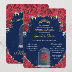 Quinceañera Röd Blommig Förtrollad Ros Navyblå Inbjudningar