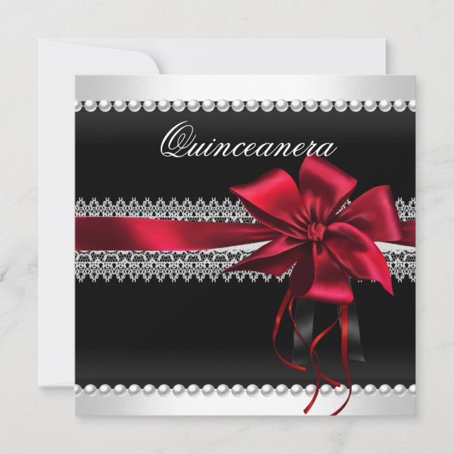 Quinceanera Röd Bow Svart Pärl Spets Diamant Inbjudningar (Framsida)