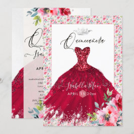 Quinceanera Röd Glitter Klänning Vattenfärg Blommo Inbjudningar