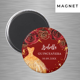 Quinceanera röd glitterdräkt i guld namn magnet