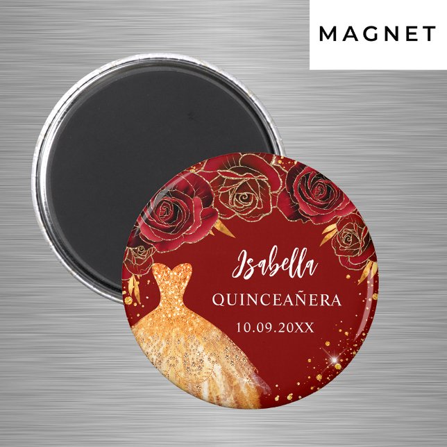 Quinceanera röd glitterdräkt i guld namn magnet (Skapare uppladdad)