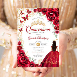 Quinceanera Röd Guld Blommig Inbjudningar