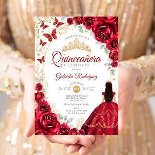 Quinceanera Röd Guld Blommig Inbjudningar