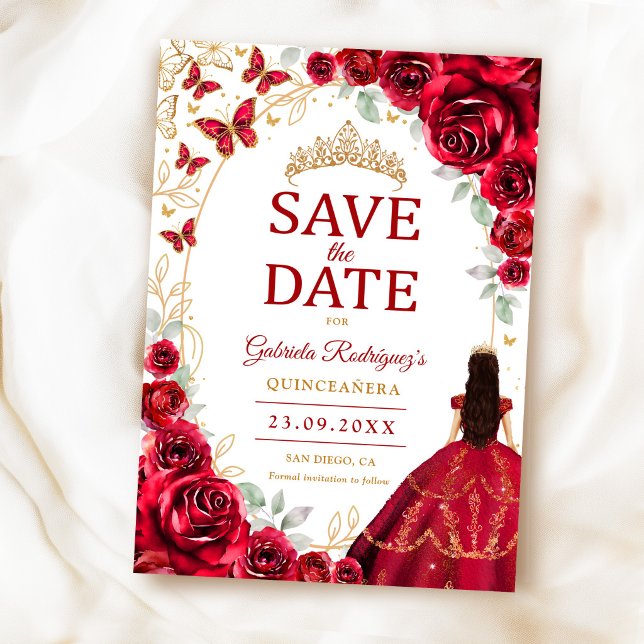 Quinceanera Röd Guld Blommig Spara Datumet (Skapare uppladdad)