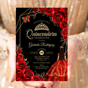 Quinceanera Röd Guld Fjärils Klänning Blommig Inbjudningar