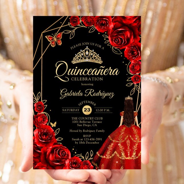 Quinceanera Röd Guld Fjärils Klänning Blommig Inbjudningar (Skapare uppladdad)