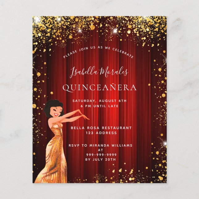 Quinceanera röd guld glitter klänning inbjudan (Framsida)