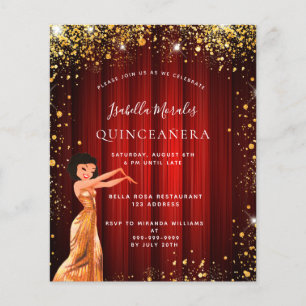 Quinceanera röd guld glitter klänning inbjudan