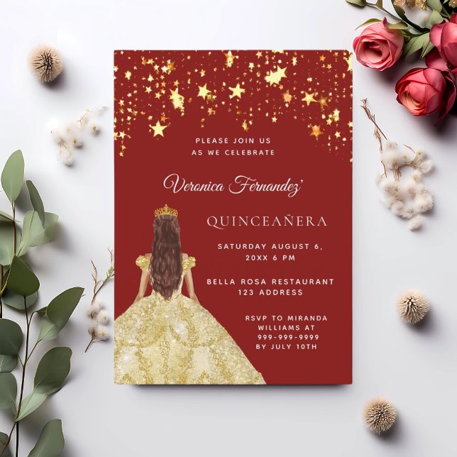 Quinceanera röd guld-klänningsstjärnor inbjudningar (Skapare uppladdad)