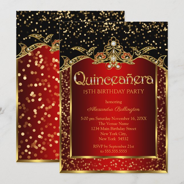 Quinceanera Röd Guld Svart Födelsedagsfest Inbjudningar (Fram/baksida)
