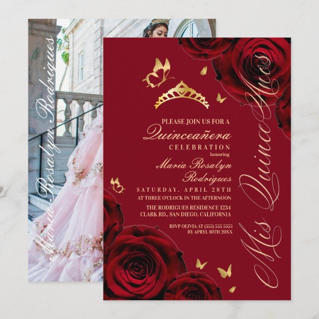 Quinceanera Röd Guld Tiara Inbjudningar (Fram/baksida)