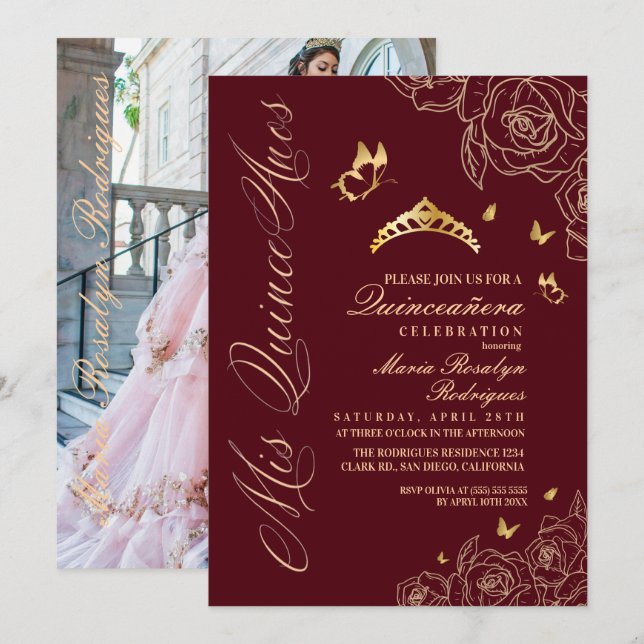 Quinceanera Röd Guld Tiara Inbjudningar (Fram/baksida)
