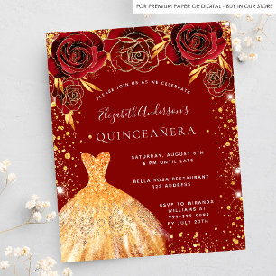 Quinceanera röd guldfärgad klänning budget för soc flygblad