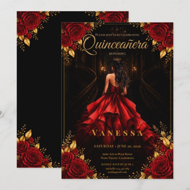 Quinceanera Röd och guld inbjudan (Fram/baksida)