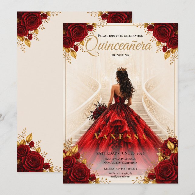 Quinceanera Röd och guld inbjudan (Fram/baksida)