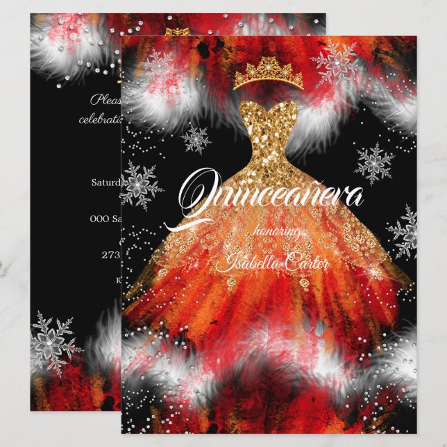 Quinceanera Röd Orange Is snöflinga Eld Klänning Inbjudningar (Fram/baksida)