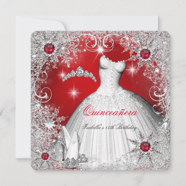 Quinceanera Röd Pärla Silver Vinter Snöflingor Inbjudningar (Framsida)