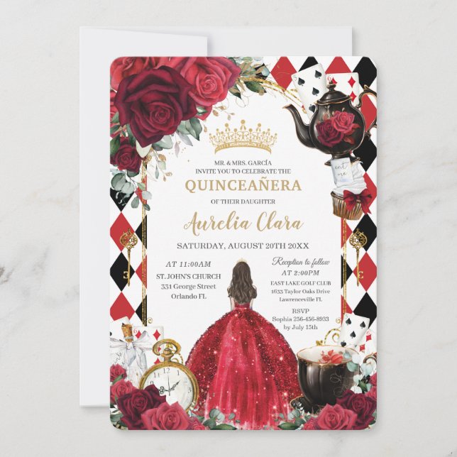 Quinceanera Röd ros Blommigt Alice i Wonderland Inbjudningar (Framsida)