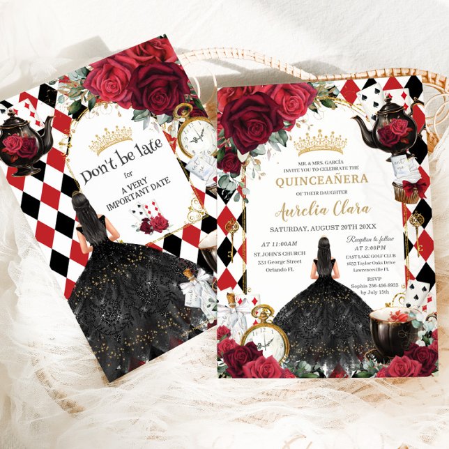 Quinceanera Röd ros Blommigt Alice i Wonderland Inbjudningar (red burgundy roses alice in wonderland black dress brunette girl tea party quinceanera invitation )