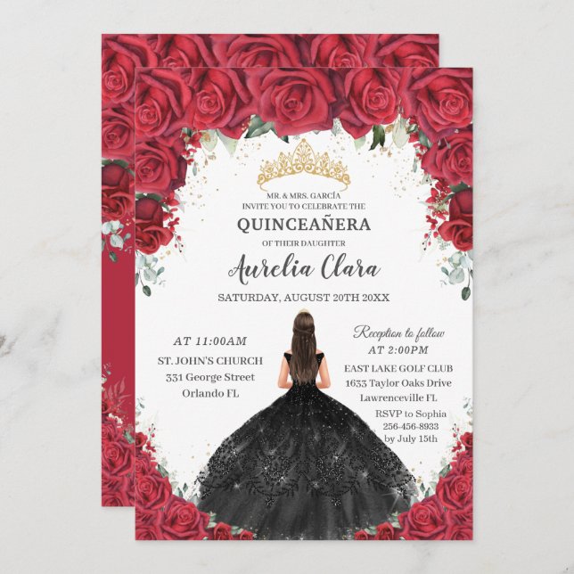 Quinceañera Röd ros Blommigt Black Dress Guld Inbjudningar (Fram/baksida)