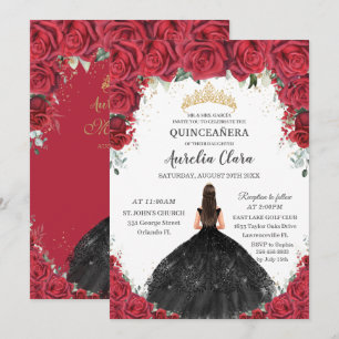 Quinceañera Röd ros Blommigt Black Dress Guld Inbjudningar