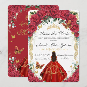 Quinceañera Röd ros Blommigt Dress Guld Butterfly Spara Datumet