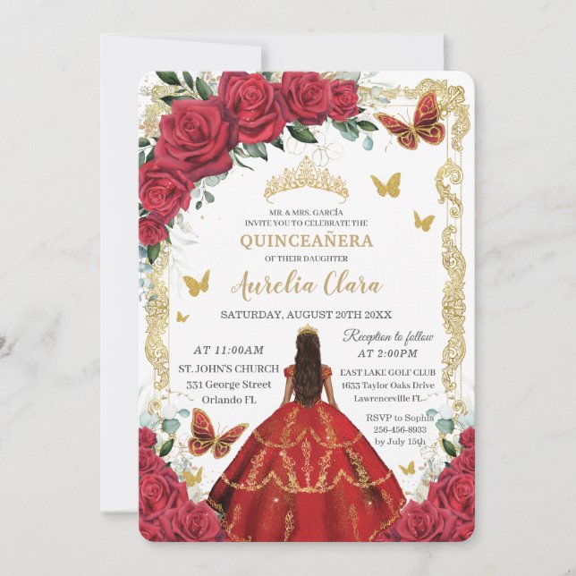 Quinceañera Röd ros Blommigt Guld Princess 16:e Inbjudningar (Framsida)