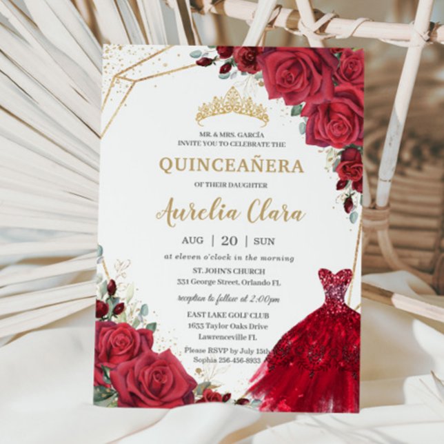 Quinceañera Röd ros Blommigt Guld Princess Dress Inbjudningar (Skapare uppladdad)