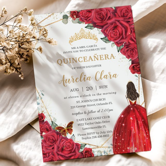 Quinceañera Röd ros Blommigt Guld Princess Krona Inbjudningar (Skapare uppladdad)