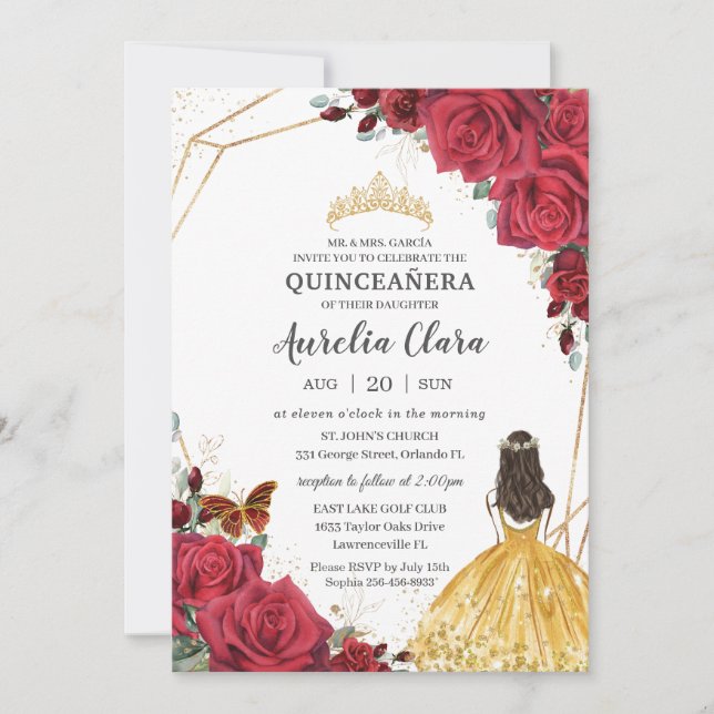Quinceañera Röd ros Blommigt Gult Dress Princess Inbjudningar (Framsida)
