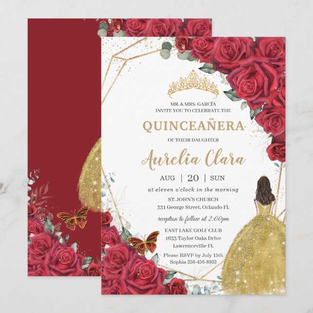 Quinceañera Röd ros Blommigt Gult Princess Dress Inbjudningar (Fram/baksida)