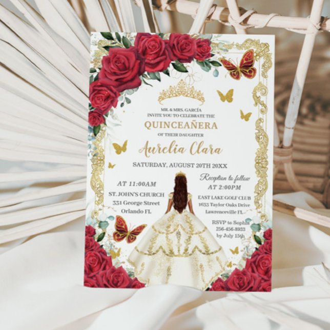 Quinceañera Röd ros Blommigt Ivory Dress Princess Inbjudningar (Skapare uppladdad)