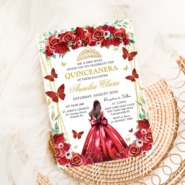 Quinceañera Röd ros Blommigt Princess Butterflies Inbjudningar (Skapare uppladdad)