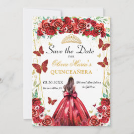 Quinceañera Röd ros Blommigt Princess Butterflies Spara Datumet