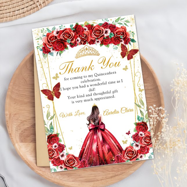 Quinceañera Röd ros Blommigt Princess Butterflies Tack Kort (Skapare uppladdad)