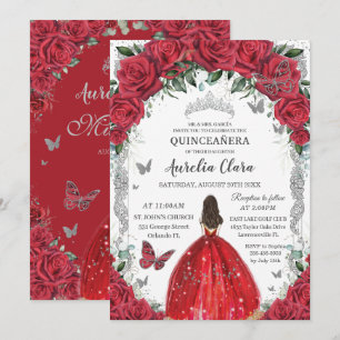 Quinceañera Röd ros Blommigt Princess Dress Silver Inbjudningar