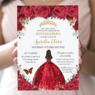 Quinceañera Röd ros Blommigt Princess Gown Guld Inbjudningar