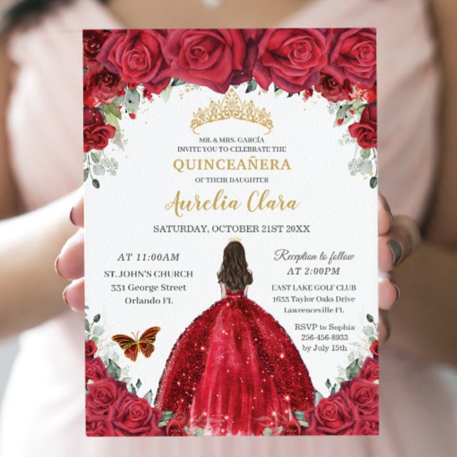 Quinceañera Röd ros Blommigt Princess Gown Guld Inbjudningar (Skapare uppladdad)