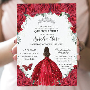 Quinceañera Röd ros Blommigt Princess Gown Silver Inbjudningar