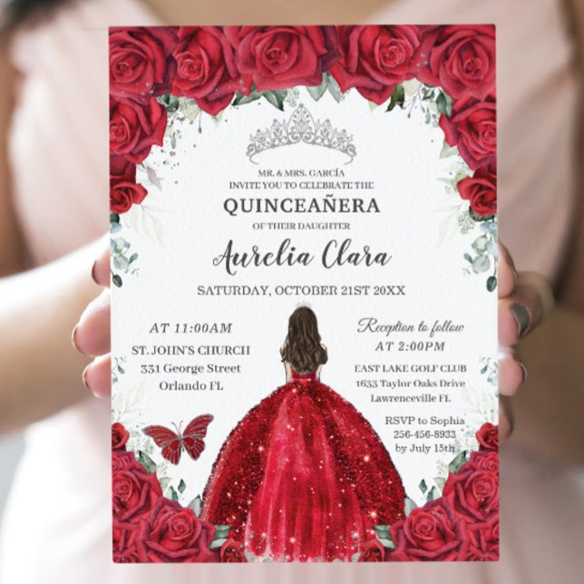 Quinceañera Röd ros Blommigt Princess Gown Silver Inbjudningar (Skapare uppladdad)