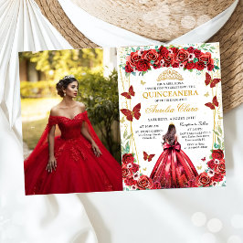 Quinceañera Röd ros Blommigt Princess Photo Inbjudningar