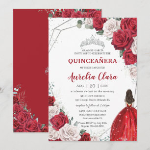 Quinceañera Röd ros Blommigt Princess Silver Krona Inbjudningar