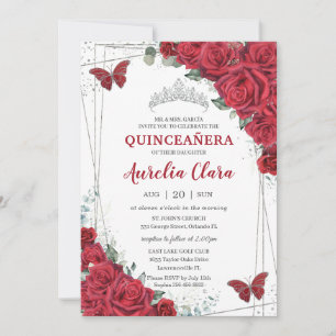 Quinceañera Röd ros Blommigt Silver Princess Krona Inbjudningar
