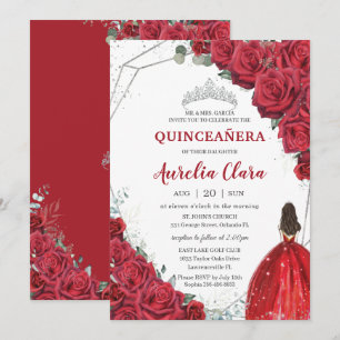 Quinceañera Röd ros Blommigt Silver Princess Tiara Inbjudningar