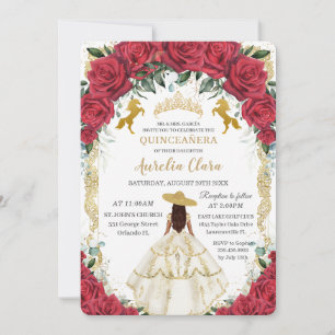 Quinceañera Röd ros Blommigt White Dress Horses Inbjudningar