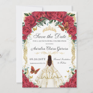 Quinceañera Röd ros Blommigt White Ivory Dress Gul Spara Datumet